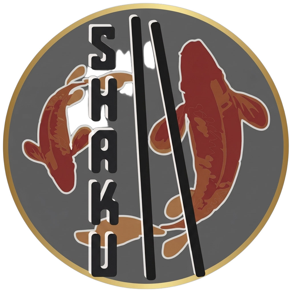 Logo de Shaku Shaku: dos peces koi dando vueltas alrededor del nombre